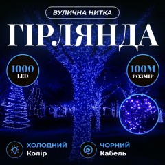 Гірлянда Нитка вулична 1000 LED 100 м чорна, синій