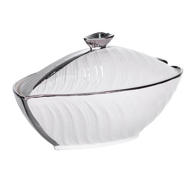 Супниця порцелянова з кришкою 1.5 л з рельєфним візерунком, срібло