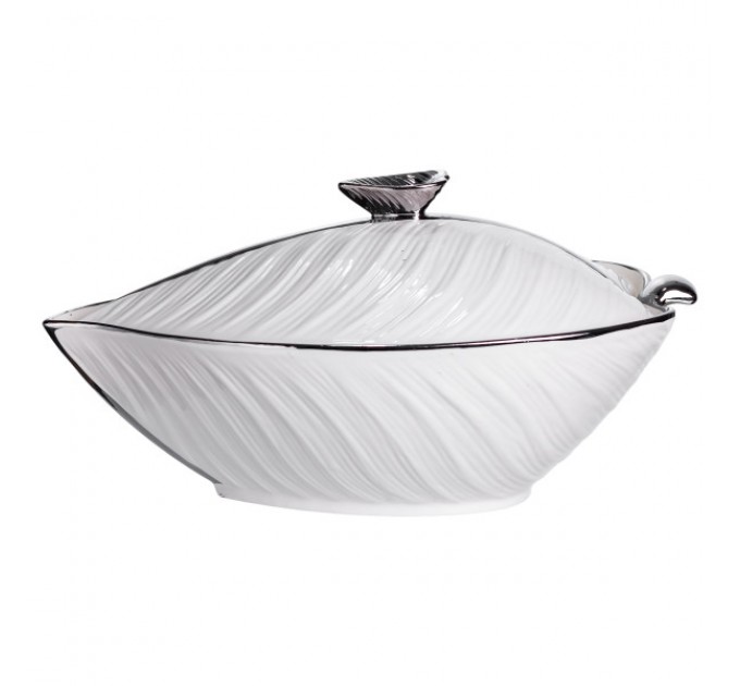 Супниця порцелянова з кришкою 1.5 л з рельєфним візерунком, срібло
