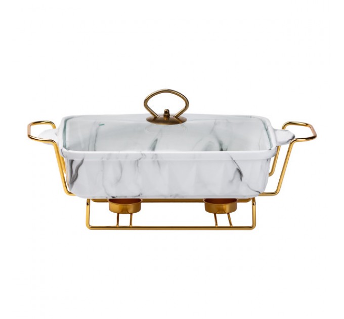 Мармитница керамическая прямоугольная 1,5л, мрамор с золотом.