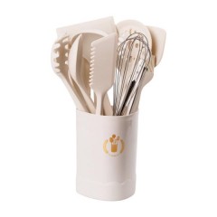 Набор кухонных принадлежностей на подставке 12 штук с деревянной ручкой, белый.