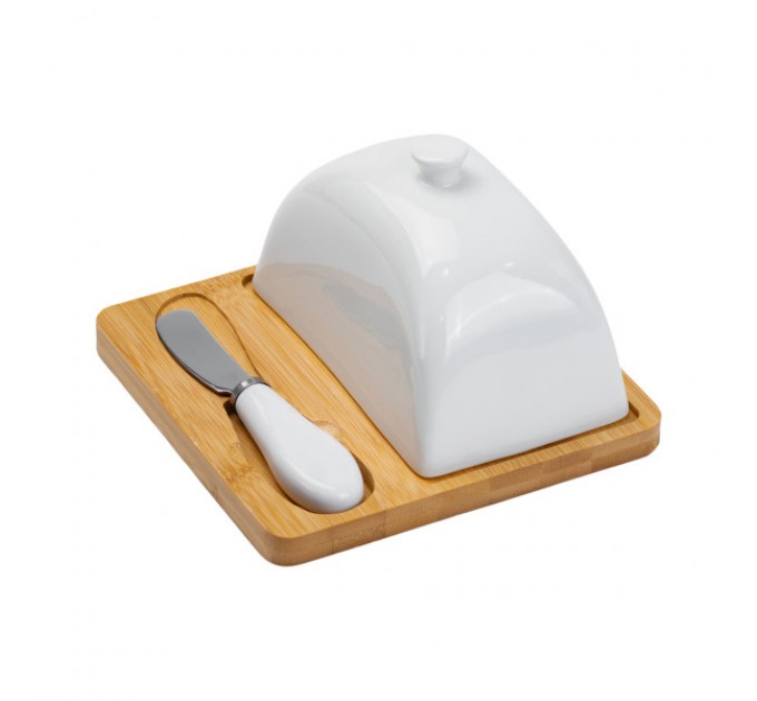 Маслянка порцелянова 15*15*9 см з ножем та бамбуковою підставкою