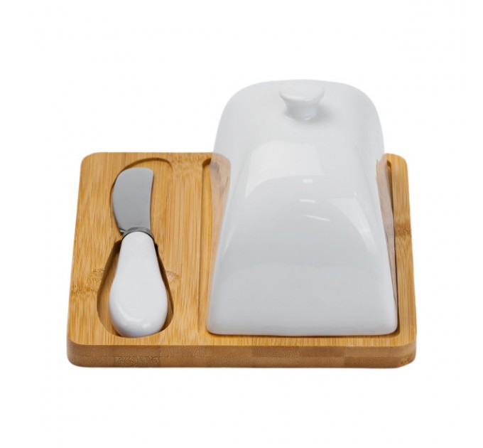 Маслянка порцелянова 15*15*9 см з ножем та бамбуковою підставкою