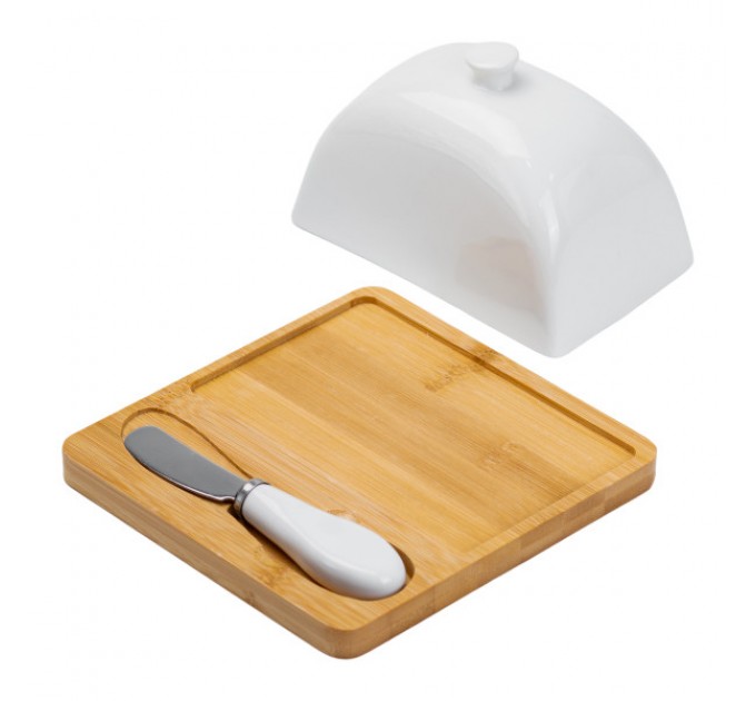 Маслянка порцелянова 15*15*9 см з ножем та бамбуковою підставкою