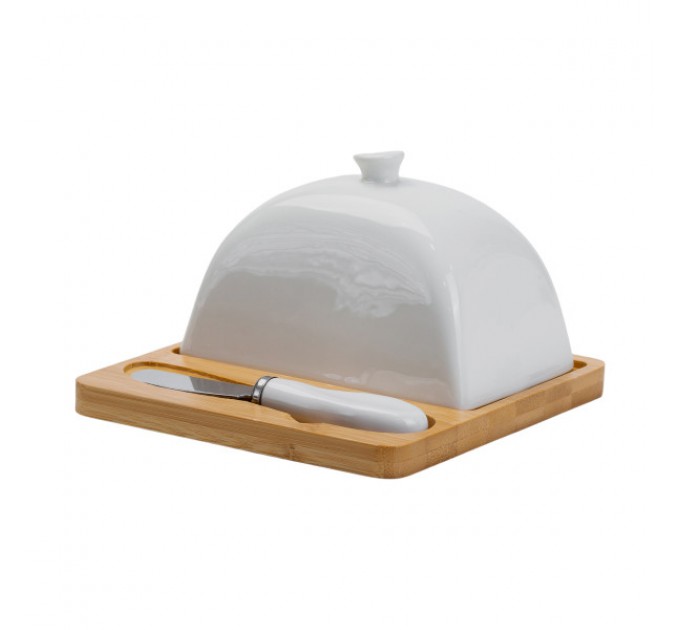 Маслянка порцелянова 15*15*9 см з ножем та бамбуковою підставкою