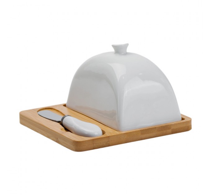 Маслянка порцелянова 15*15*9 см з ножем та бамбуковою підставкою