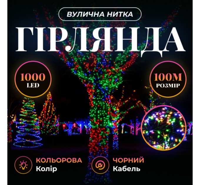 Гірлянда Нитка вулична 1000 LED 100 м чорна, мультиколор