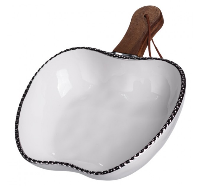 Миска сервірувальна порцелянова 700 мл з дерев'яною ручкою, срібло