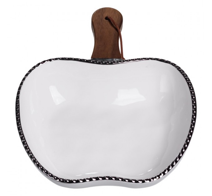 Миска сервірувальна порцелянова 700 мл з дерев'яною ручкою, срібло