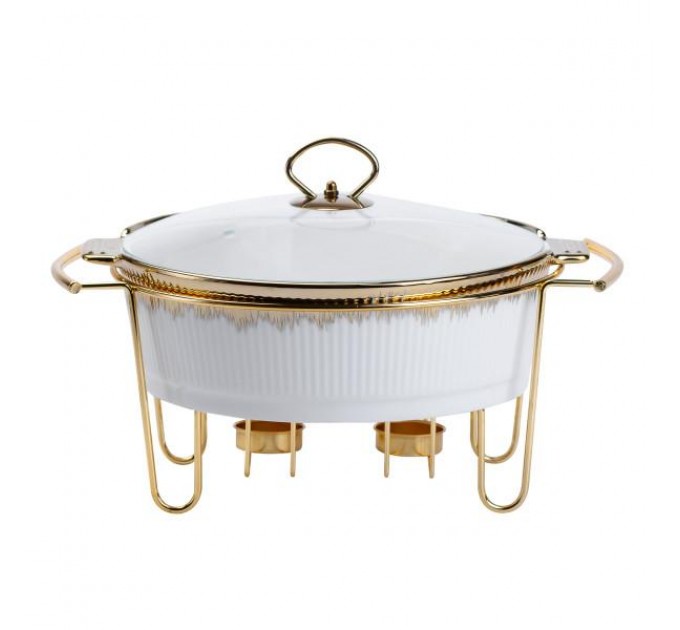 Мармитница фарфоровая круглая 2 л со стеклянной крышкой, золото