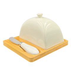 Маслянка порцелянова 15*15*9 см з ножем та бамбуковою підставкою