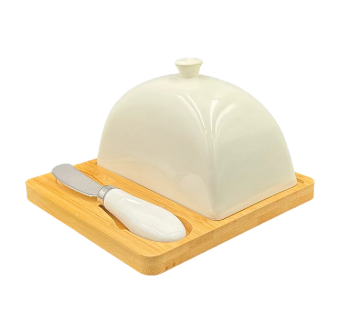 Маслянка порцелянова 15*15*9 см з ножем та бамбуковою підставкою
