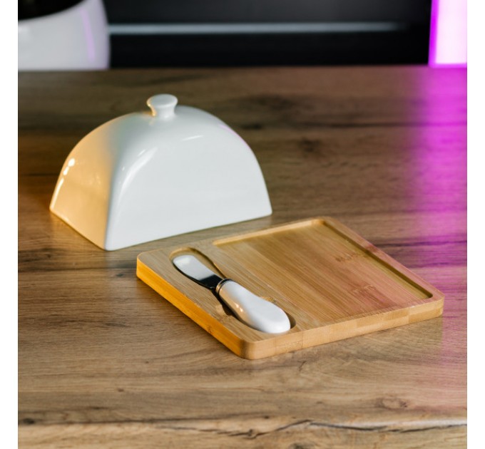 Маслянка порцелянова 15*15*9 см з ножем та бамбуковою підставкою