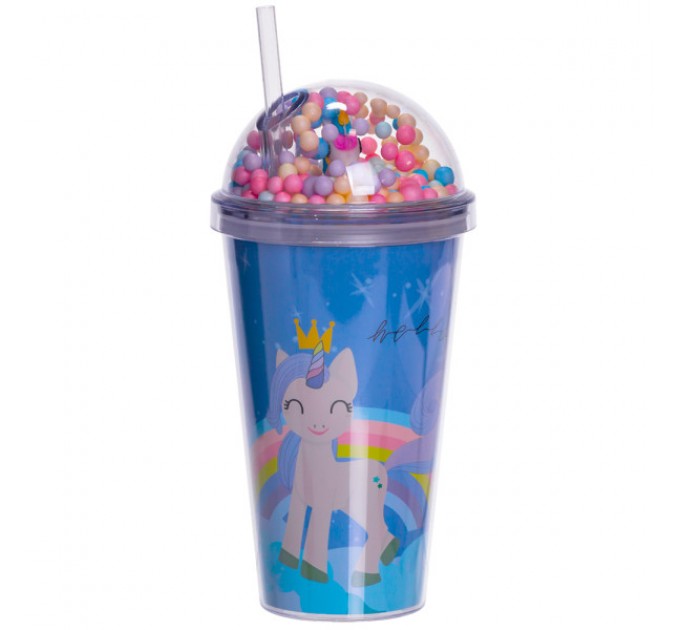 Склянка багаторазова Єдиноріг з кришкою та трубочкою, синій