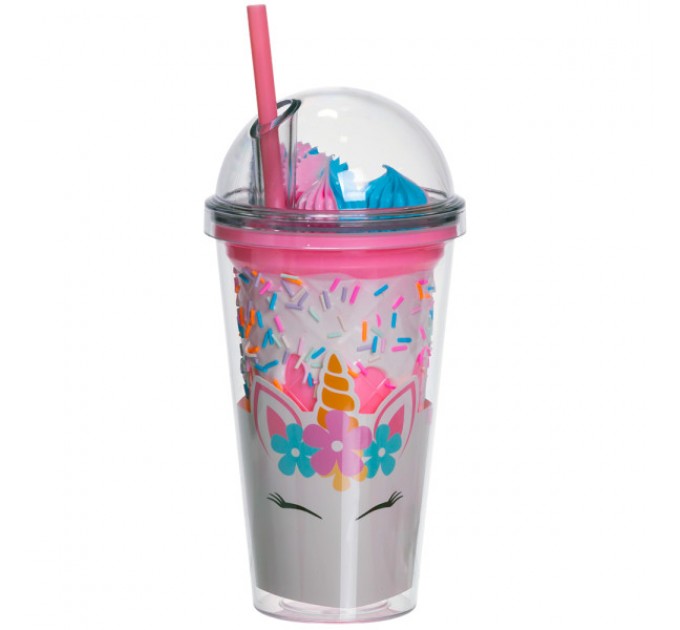 Склянка багаторазова Єдиноріг з кришкою та трубочкою, рожевий