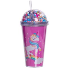 Склянка багаторазова Єдиноріг з кришкою та трубочкою, малиновий
