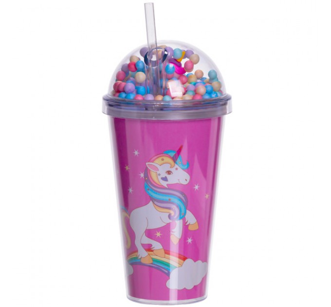 Склянка багаторазова Єдиноріг з кришкою та трубочкою, малиновий