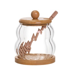 Медовниця скляна з кришкою на бамбуковій підставці  320 мл ребриста