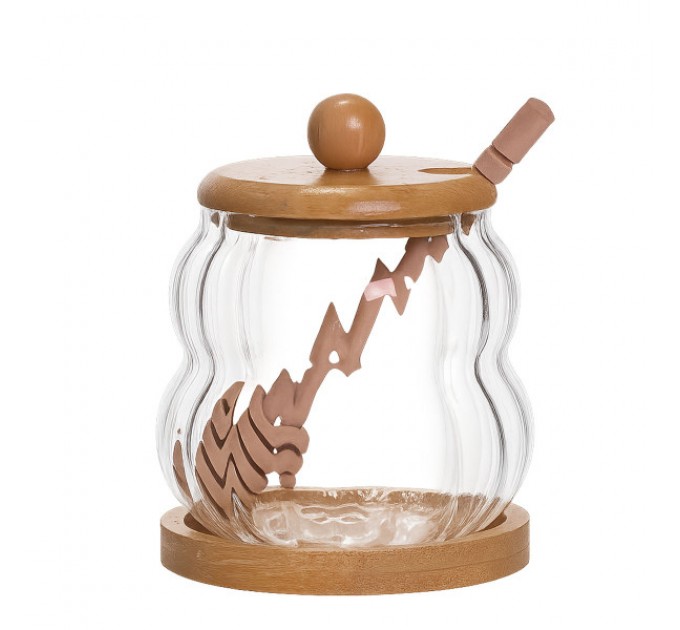 Медовниця скляна з кришкою на бамбуковій підставці 320 мл ребриста