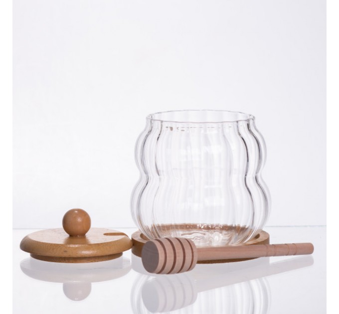 Медовниця скляна з кришкою на бамбуковій підставці 320 мл ребриста