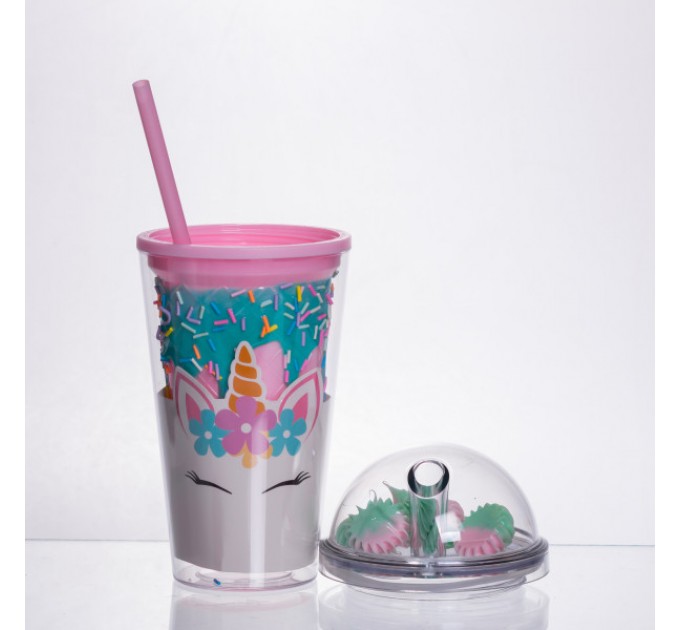 Стакан многоразовый Единорог с крышкой и трубочкой, морская волна