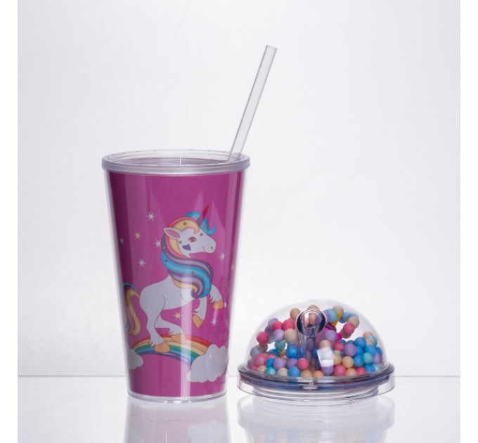 Склянка багаторазова Єдиноріг з кришкою та трубочкою, малиновий