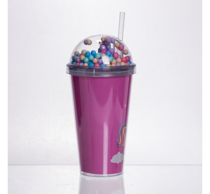 Склянка багаторазова Єдиноріг з кришкою та трубочкою, малиновий