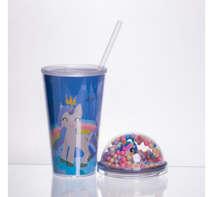 Склянка багаторазова Єдиноріг з кришкою та трубочкою, синій
