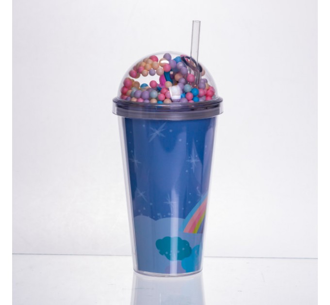 Склянка багаторазова Єдиноріг з кришкою та трубочкою, синій