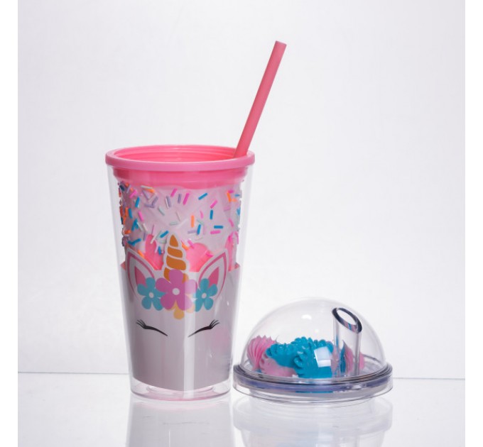 Склянка багаторазова Єдиноріг з кришкою та трубочкою, рожевий