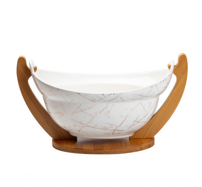 Фруктовниця керамічна на бамбуковій підставці, білий мармур