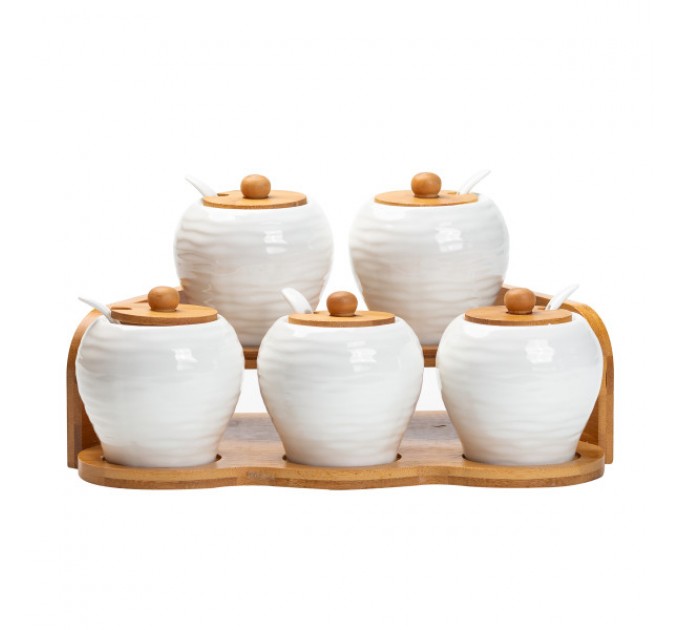 Набір баночок для сипучих продуктів 5 штук по 250 мл на бамбуковій підставці