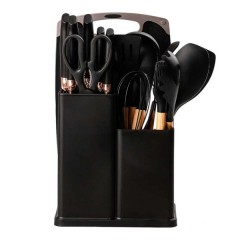 Набор кухонных принадлежностей на подставке 19 штук из силикона с деревянной ручкой, черный