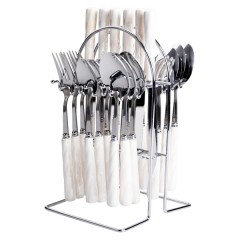 Набір столових приборів на підставці 24 предмети з керамічними ручками, сріблястий