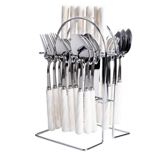 Набір столових приборів на підставці 24 предмети з керамічними ручками, сріблястий Набір столових приборів на підставці 24 предмети з керамічними ручками, сріблястий