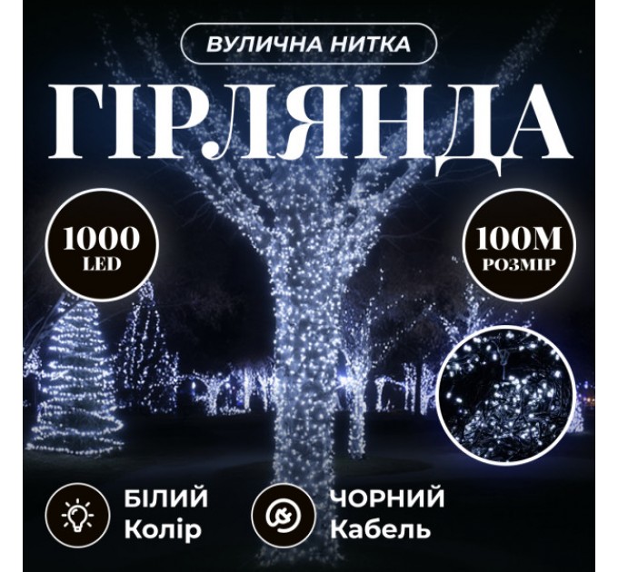 Гірлянда Нитка вулична 1000 LED 100 м чорна, білий