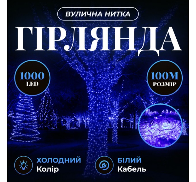 Гірлянда Нитка вулична 1000 LED 100 м біла, синій