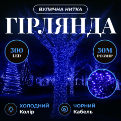 Гірлянда Нитка вулична 300 LED 30 м від мережі чорна нитка, синій
