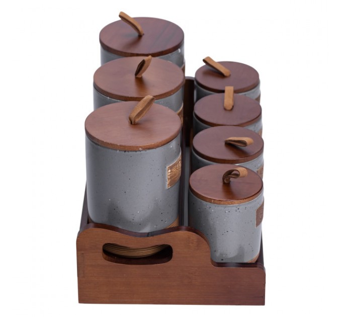 Набор банок для сыпучих продуктов 7 штук по 300/800 мл на бамбуковой подставке серый