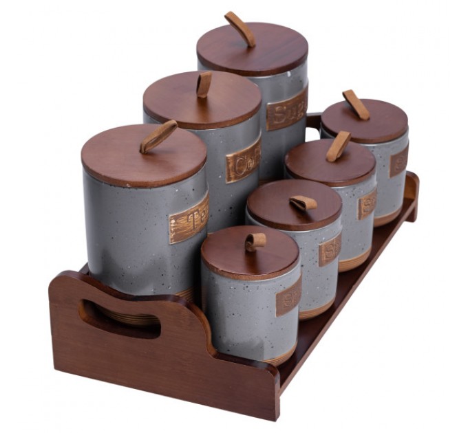 Набор банок для сыпучих продуктов 7 штук по 300/800 мл на бамбуковой подставке серый