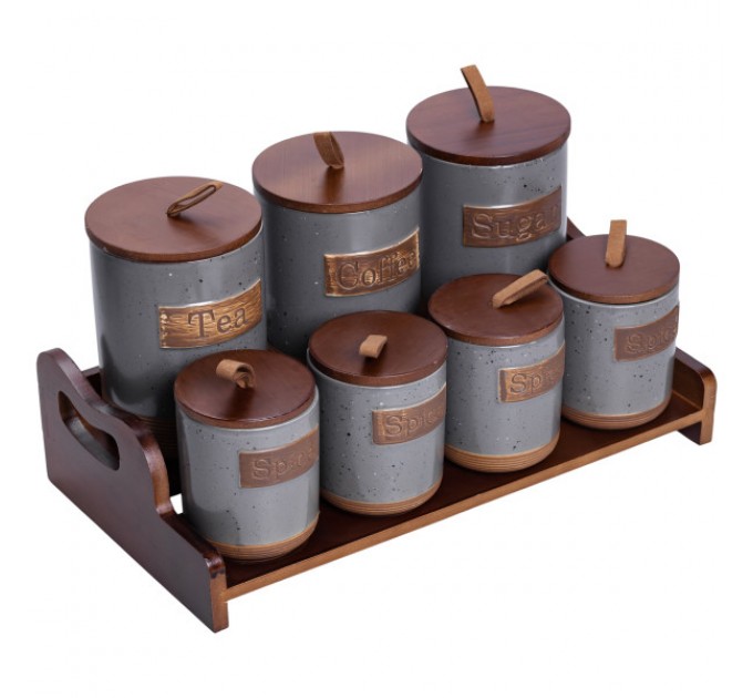 Набор банок для сыпучих продуктов 7 штук по 300/800 мл на бамбуковой подставке серый