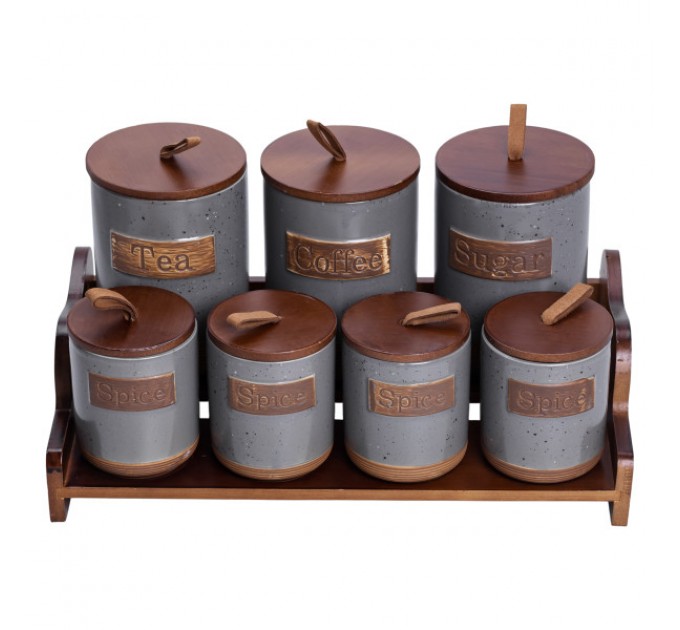 Набор банок для сыпучих продуктов 7 штук по 300/800 мл на бамбуковой подставке серый Набор банок для сыпучих продуктов 7 штук по 300/800 мл на бамбуковой подставке серый