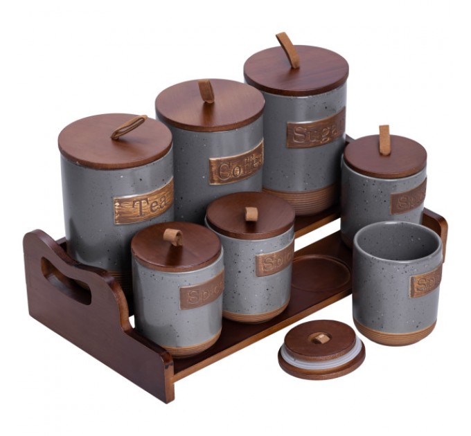 Набор банок для сыпучих продуктов 7 штук по 300/800 мл на бамбуковой подставке серый