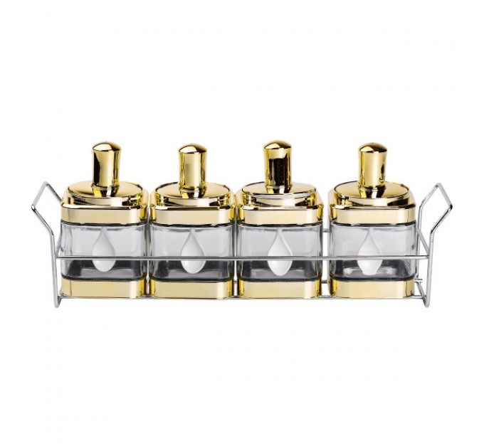 Набір банок для сипучих продуктів 4 штуки по 350 мл з ложкою на підставці, золото Набір банок для сипучих продуктів 4 штуки по 350 мл з ложкою на підставці, золото