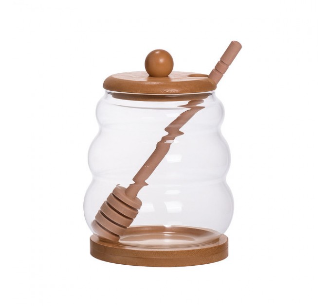 Медовниця скляна з кришкою 500 мл на бамбуковій підставці Медовниця скляна з кришкою 500 мл на бамбуковій підставці