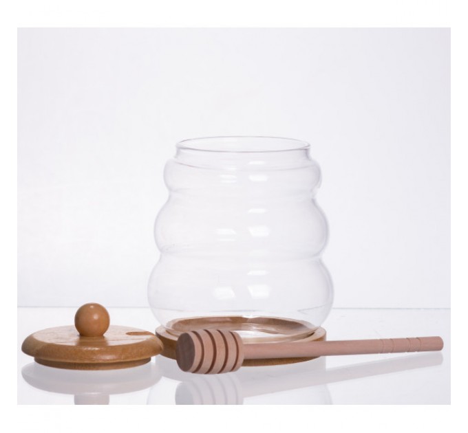 Медовниця скляна з кришкою 500 мл на бамбуковій підставці