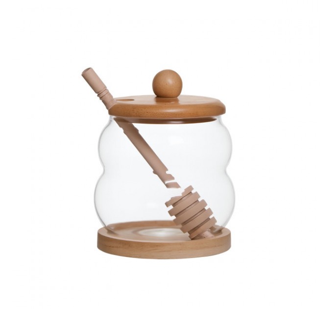 Медовниця скляна з кришкою 350 мл на бамбуковій підставці Медовниця скляна з кришкою 350 мл на бамбуковій підставці