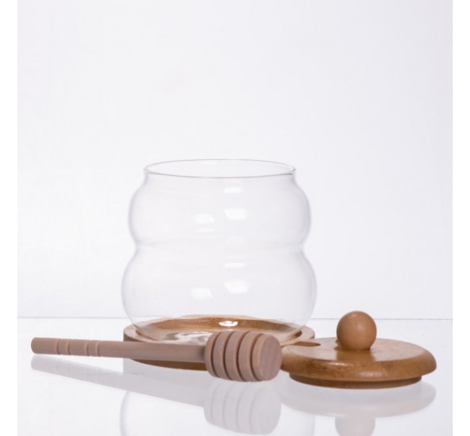 Медовниця скляна з кришкою 350 мл на бамбуковій підставці