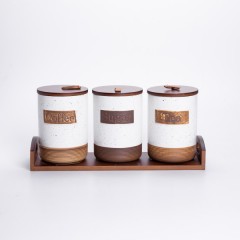 Набір банок для сипучих продуктів 3 штуки по 800 мл на бамбуковій підставці, бежевий