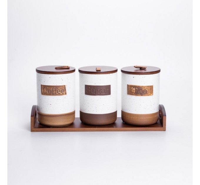 Набір банок для сипучих продуктів 3 штуки по 800 мл на бамбуковій підставці, бежевий